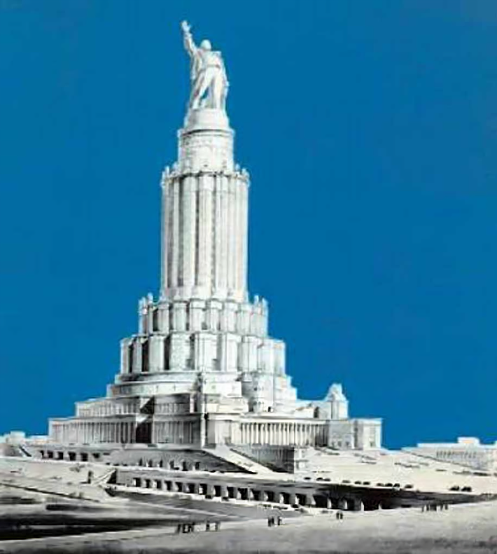 सोवियत किला (Palace of Soviets)
सोवियत संघ दुनिया की सबसे ऊँची इमारत बनाना चाहता था। नाम था — सोवियत किला। 1937 में काम शुरू हुआ, 1941 तक स्टील फ्रेम भी खड़ा हो गया। लेकिन तभी युद्ध छिड़ गया। सपना वहीं रुक गया, इमारत कभी बनी ही नहीं।