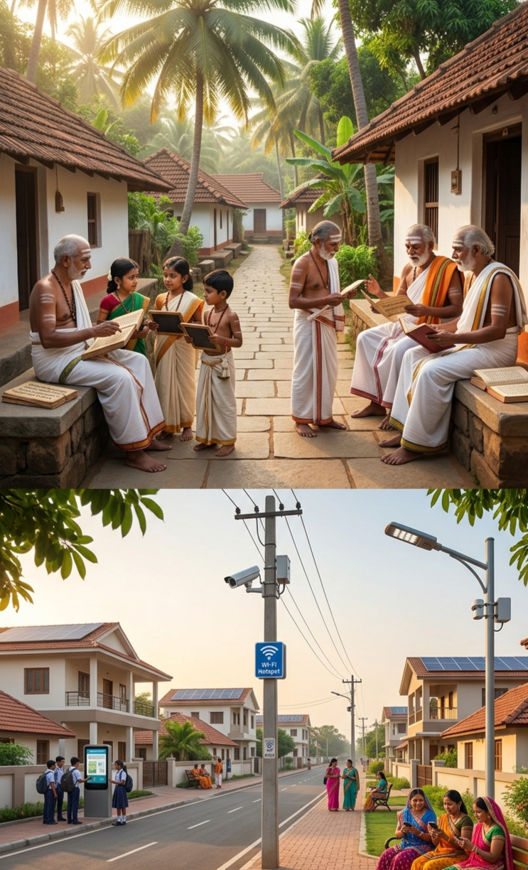 कर्नाटक और गुजरात – परंपरा के साथ आधुनिक विकास
कर्नाटक का मत्तूर गांव आज भी संस्कृत भाषा को रोजमर्रा के जीवन में जीवित रखे हुए है। वहीं गुजरात का पुंसारी गांव मुफ्त वाई-फाई, सीसीटीवी और डिजिटल सुविधाओं के कारण देश का स्मार्ट विलेज कहलाता है।