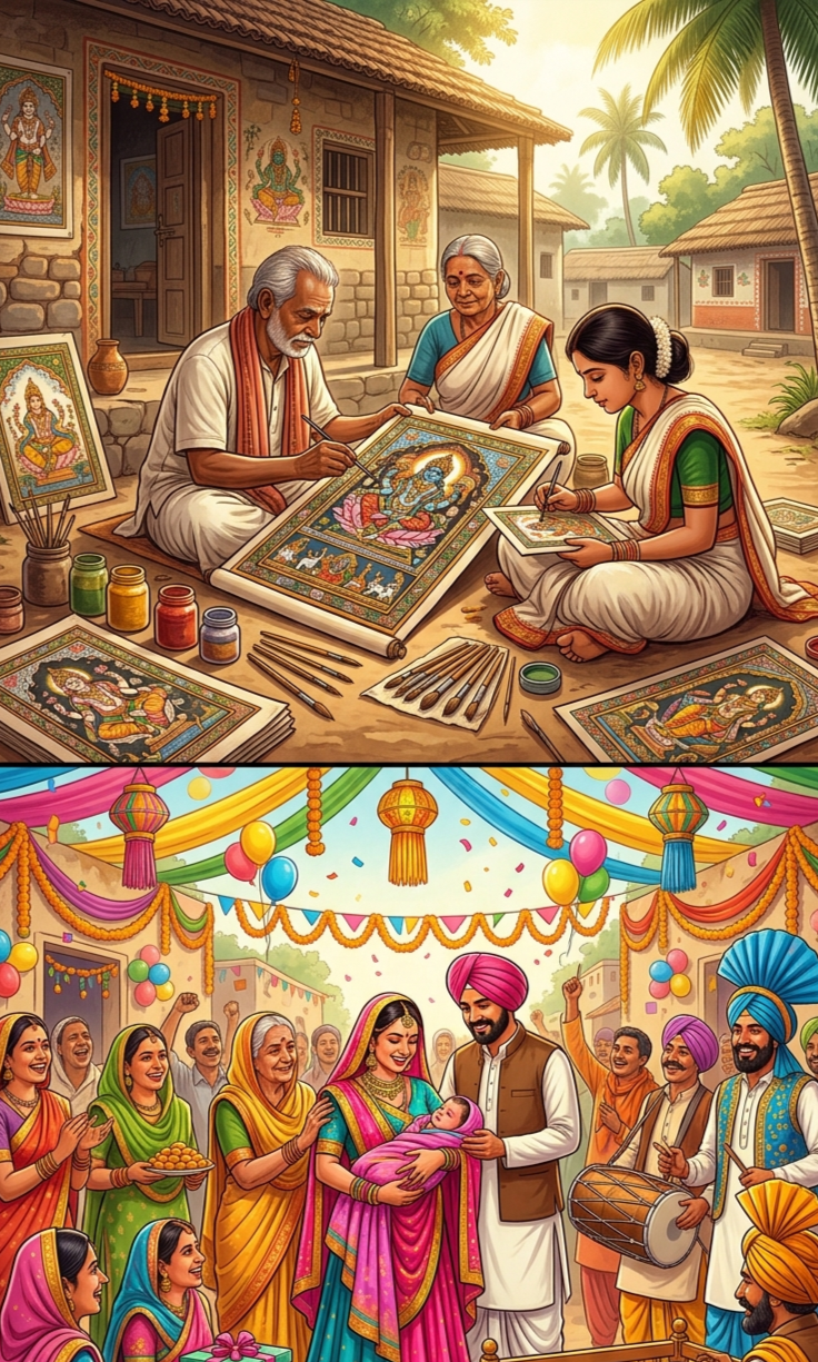 ओडिशा और हरियाणा – कला, संस्कृति और बेटियों का सम्मान
ओडिशा का रघुराजपुर गांव हर परिवार द्वारा संजोई जा रही पट्टाचित्र कला के लिए प्रसिद्ध है। वहीं हरियाणा का छप्पर गांव बेटियों के जन्म पर उत्सव मनाकर समाज को सकारात्मक संदेश देता है।