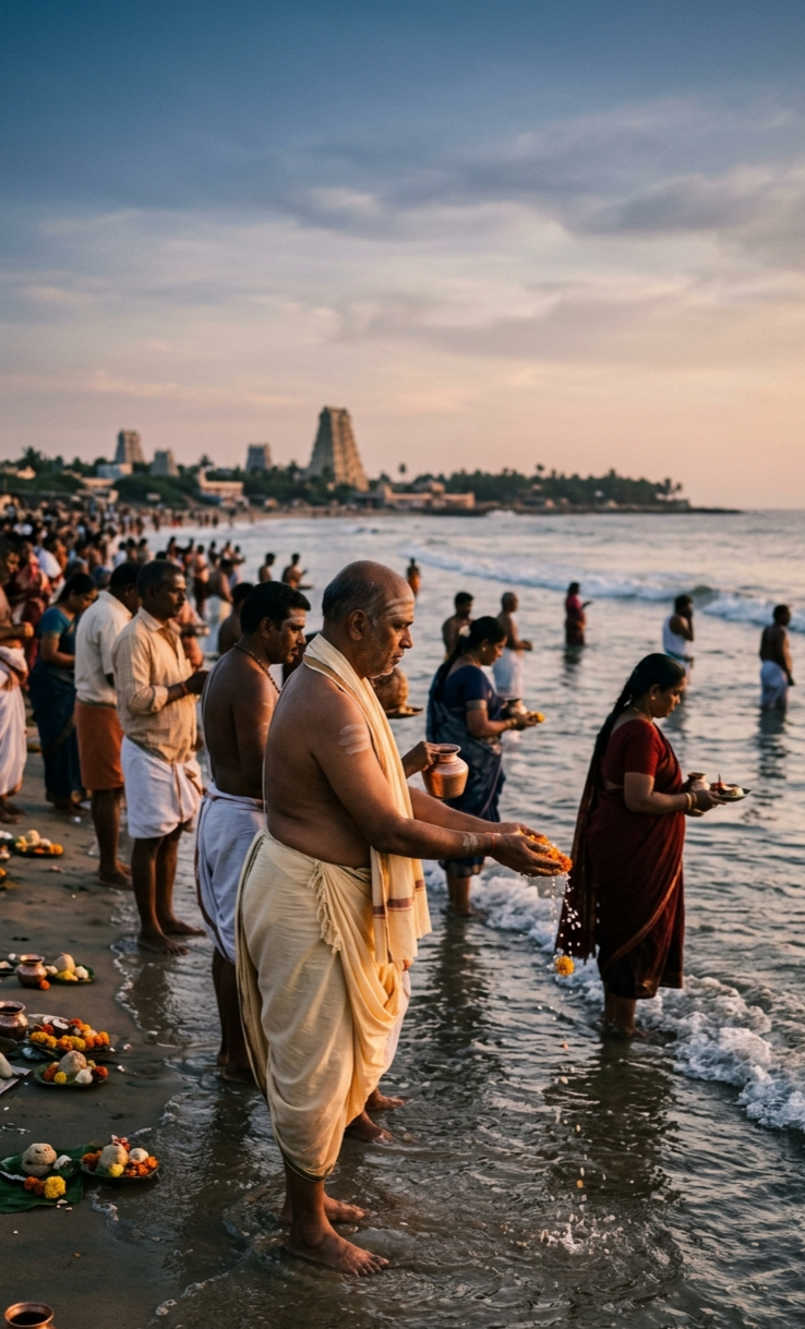 अग्नि तीर्थम्, रामेश्वरम
रामेश्वरम का अग्नि तीर्थम् समुद्र तट पर स्थित प्रमुख धार्मिक स्थल है। यहां पितृ तर्पण, श्राद्ध और पिंडदान की परंपरा जुड़ी है तथा धार्मिक मान्यताओं में भगवान राम द्वारा पूर्वजों के लिए कर्म किए जाने की कथा भी प्रचलित है।