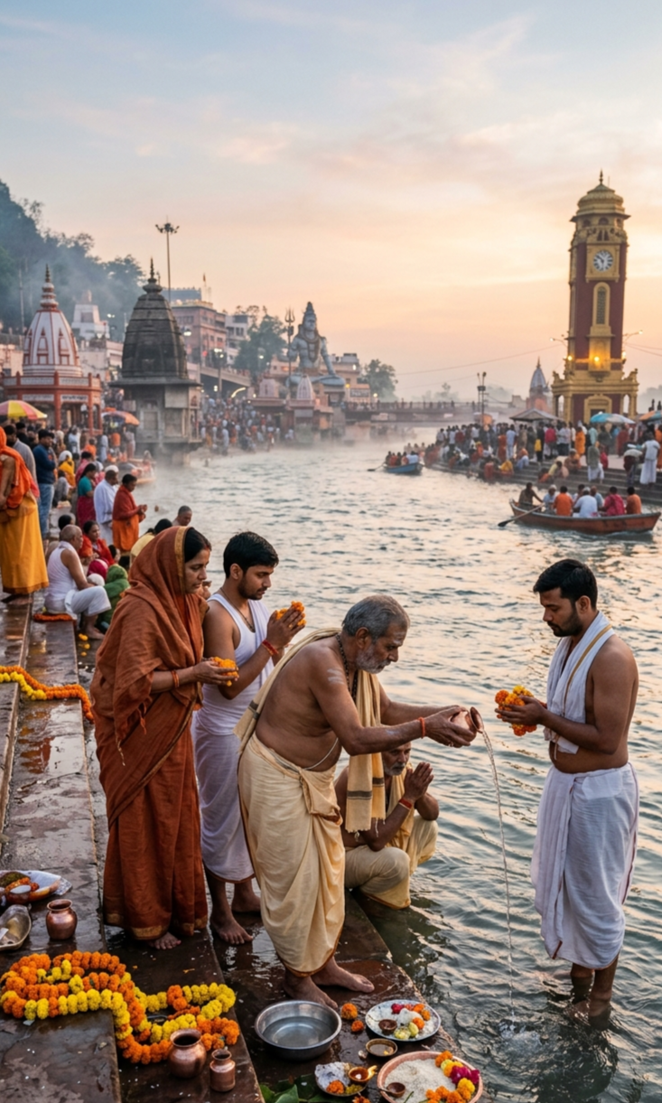 गंगा घाट, हरिद्वार
हरिद्वार में गंगा के विभिन्न घाटों पर तर्पण और पितृ कर्म की लंबी धार्मिक परंपरा है। पितृ पक्ष के दौरान श्रद्धालु गंगा जल में तर्पण कर अपने दिवंगत पूर्वजों को श्रद्धांजलि अर्पित करते हैं।