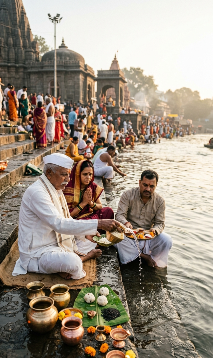 नासिक के घाट, महाराष्ट्र
नासिक में गोदावरी नदी के रामकुंड सहित कई घाट पितृ कर्म की परंपरा से जुड़े हैं। यहां श्राद्ध, तर्पण और त्रिपिंडी जैसे कर्मों के माध्यम से पूर्वजों का स्मरण किया जाता है।