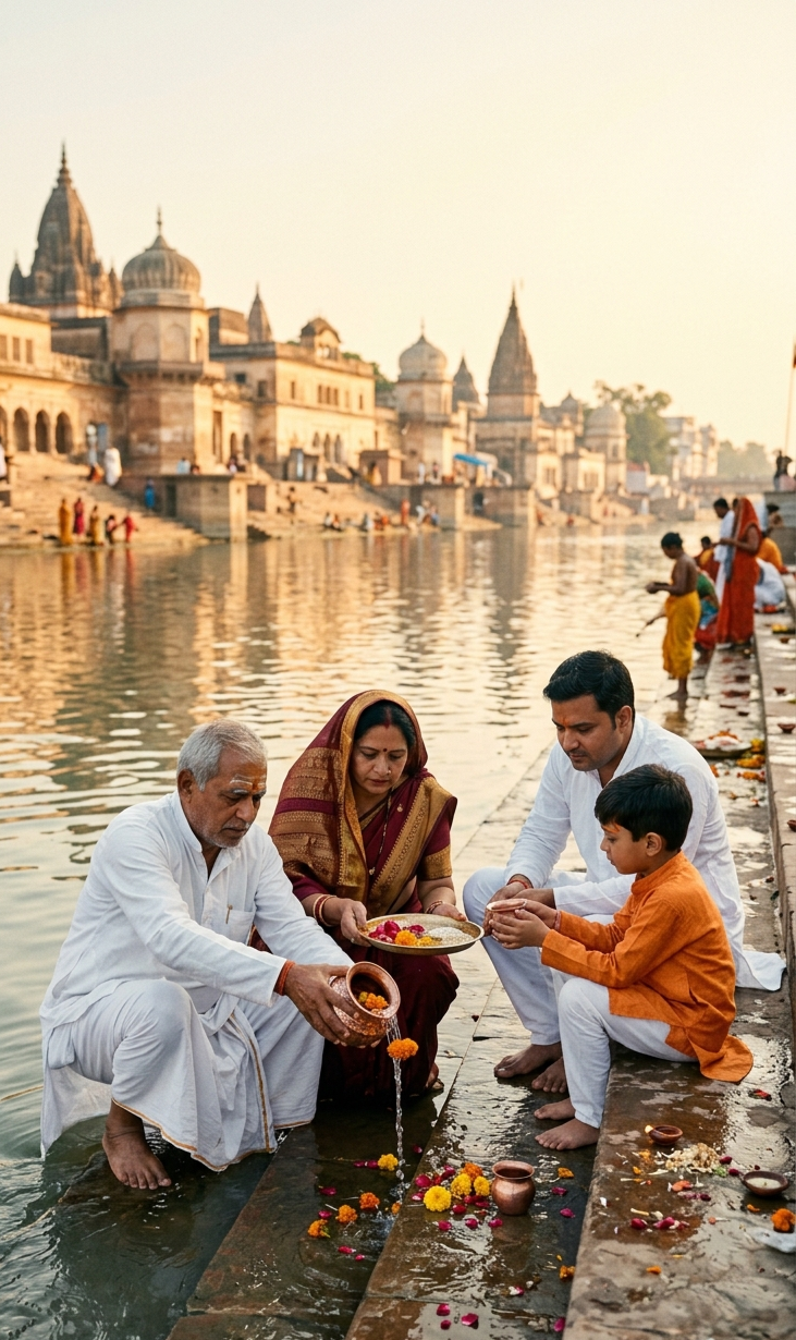 सरयू घाट, अयोध्या
अयोध्या में सरयू नदी के घाट पवित्र स्नान और धार्मिक अनुष्ठानों के प्रमुख केंद्र हैं। पितृ पक्ष में सरयू जल से तर्पण और पिंडदान कर पूर्वजों के प्रति श्रद्धा अर्पित करने की परंपरा मिलती है।